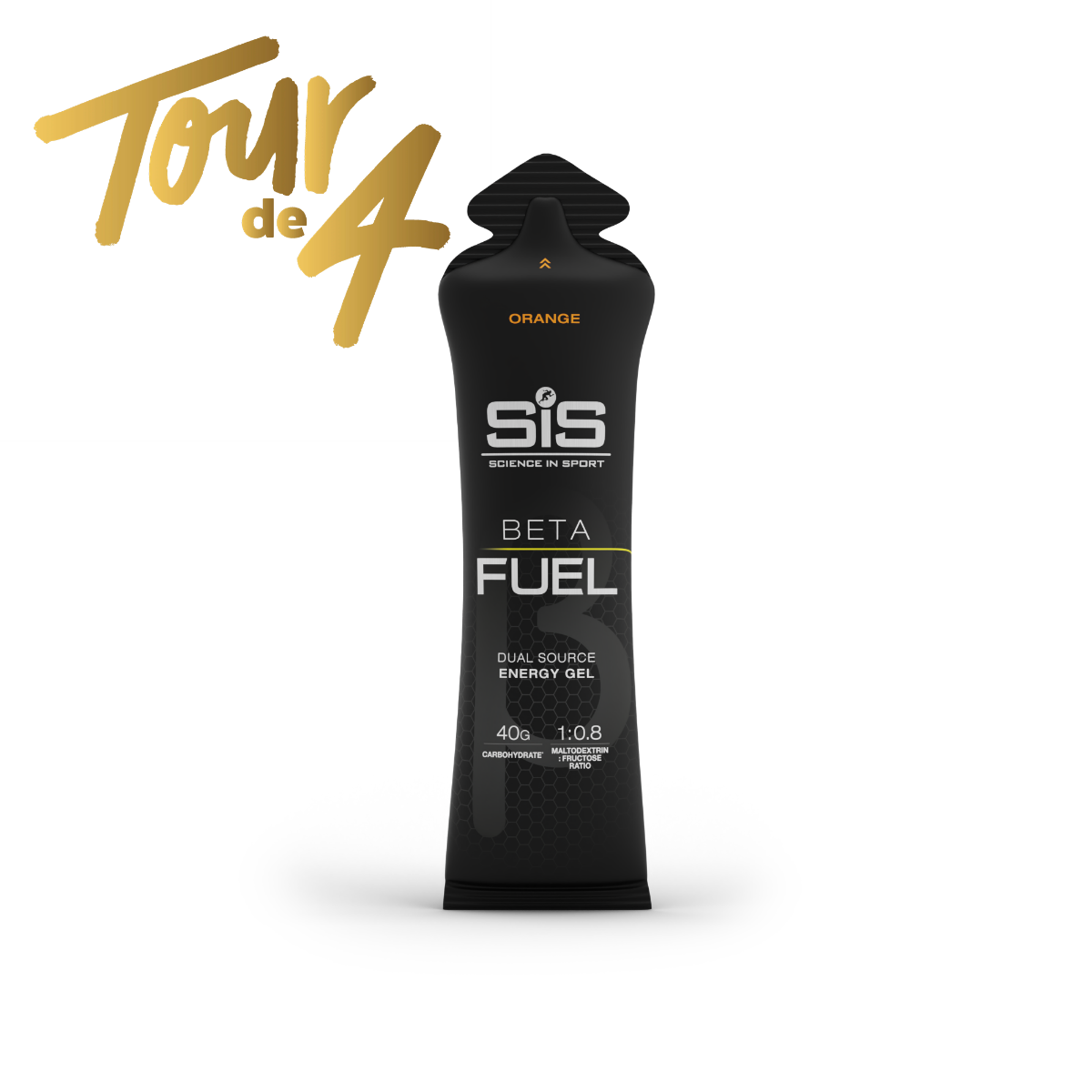 Single tube of Beta Fuel Dual Source energy gel in orange flavour with the Tour de 4 logo behind it
