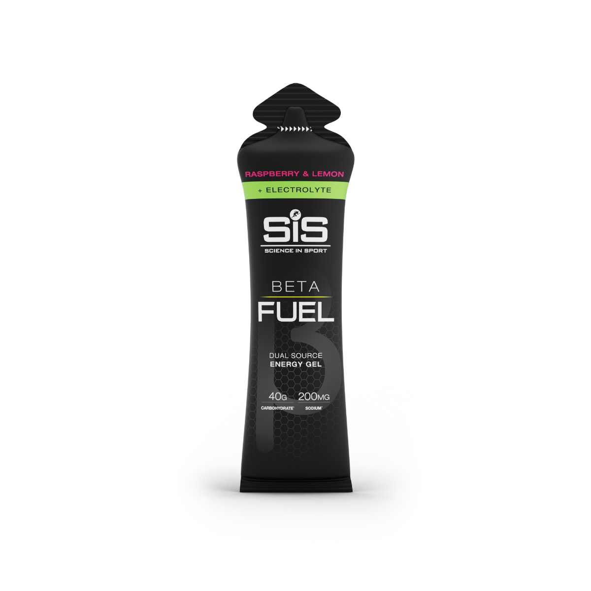Science in Sport's BETA Fuel + Electrolyte Dual Source Energy Gel, available in raspberry & lemon flavour as a single sachet