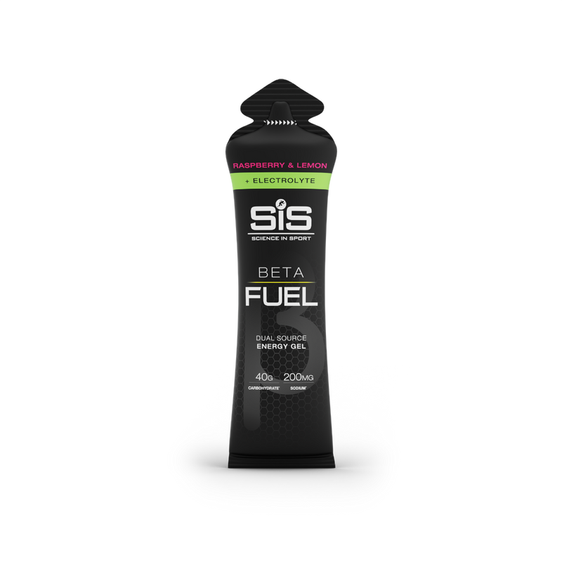 Science in Sport's BETA Fuel + Electrolyte Dual Source Energy Gel, available in raspberry & lemon flavour as a single sachet