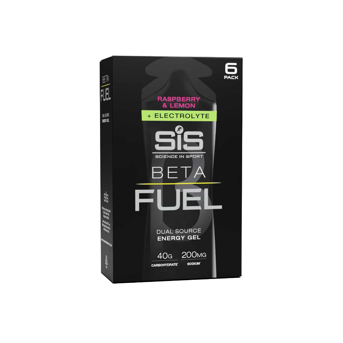 A 6 pack box containing BETA Fuel + Electrolyte Dual Source Energy Gels, available in raspberry & lemon flavour