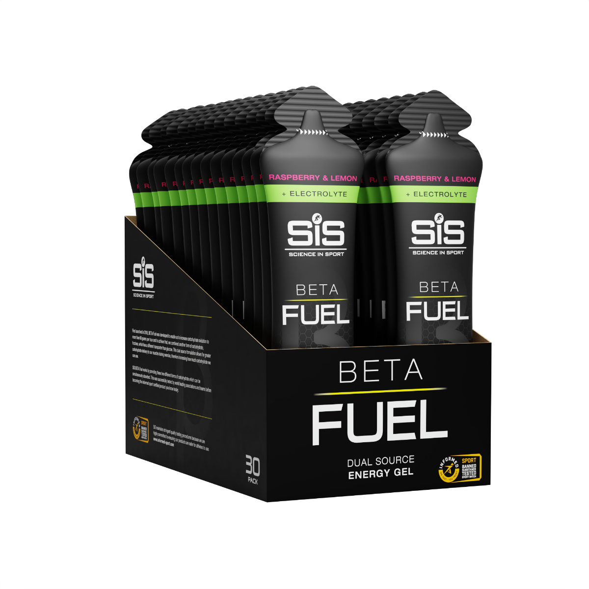 A 30 pack of BETA Fuel + Electrolyte Dual Source Energy Gels, available in raspberry & lemon flavour