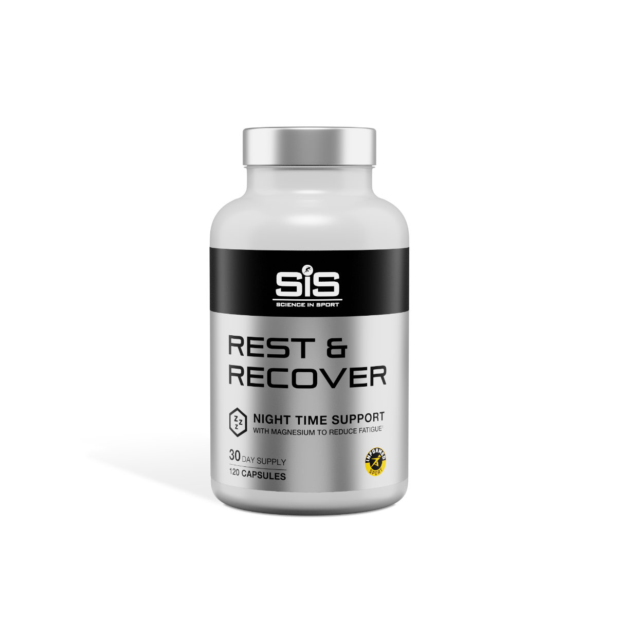 A single bottle of SiS' Rest & Recover supplements, which support restful sleep, with magnesium to reduce fatigue