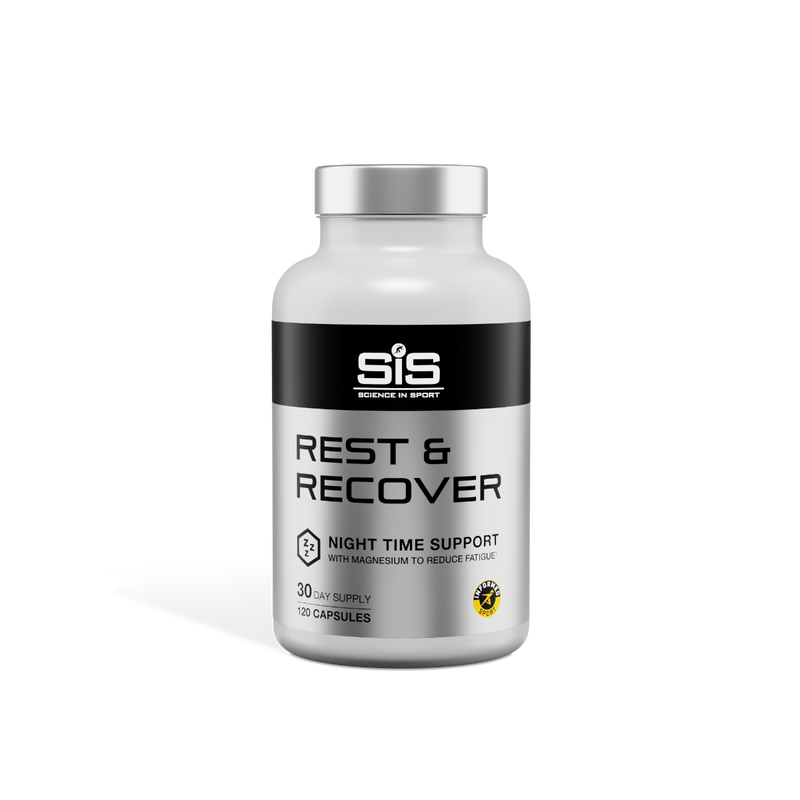 A single bottle of SiS' Rest & Recover supplements, which support restful sleep, with magnesium to reduce fatigue